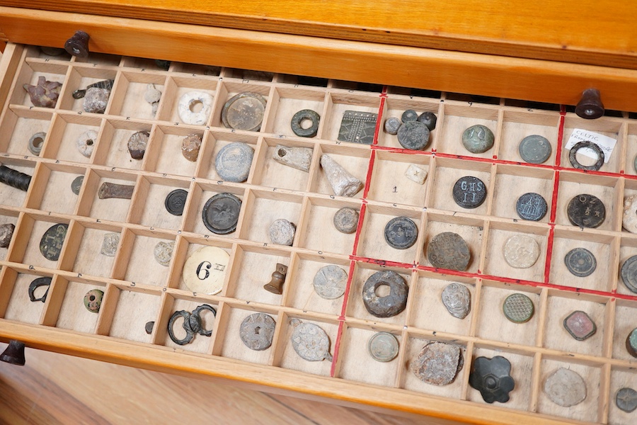A collection of mainly Medieval to 19th century bronze and lead imperial circular trade weights, with some Viking and Roman examples, stamped with Royal Cyphers, weights, the dagger assay mark for London, the ewer mark,